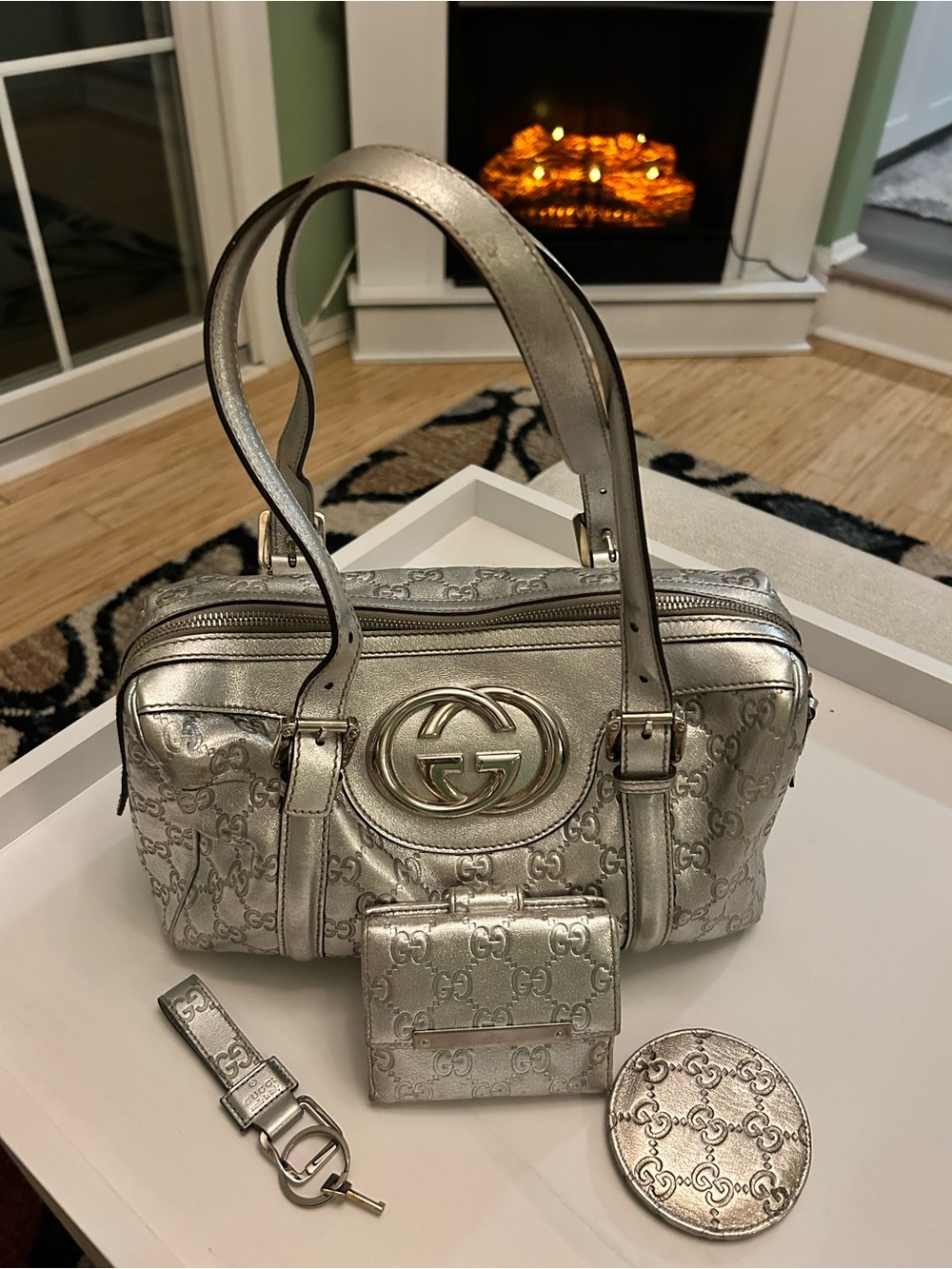 Gucci Metallic Silver GG Monogram Shoulder Bag with Matching Accessories